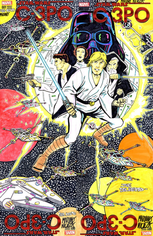 DF MARVEL COMICS COMMISSIONED COVER ART FOUR PIECE BLANK VARIANT CONNECTING SET SIGNED AND REMARKED BY MARIANO NICIEZA AND JOE DELBEATO WITH A CLASSIC STAR WARS #1 HOMAGE SKETCH