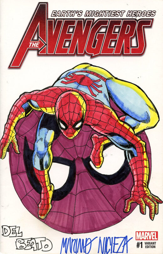 DF MARVEL COMICS COMMISSIONED COVER ART SIGNED AND REMARKED BY MARIANO NICIEZA AND JOE DELBEATO WITH A SPIDER-MAN SKETCH