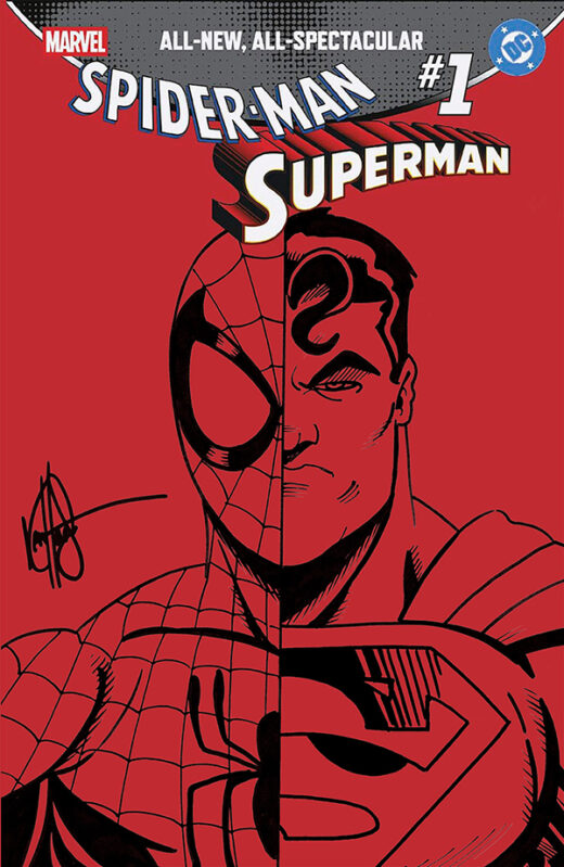 DF MARVEL/DC SPIDERMAN/SUPERMAN #1 RED BLANK VARIANT SIGNED AND REMARKED BY KEN HAESER WITH A SPIDERMAN/SUPERMAN SKETCH