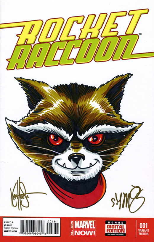 DF ROCKET RACCOON #1 BLANK VARIANT SIGNED BY SKOTTIE YOUNG AND REMARKED BY KEN HAESER WITH A ROCKET SKETCH