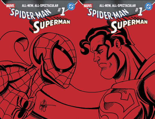 DF MARVEL DC SPIDER-MAN SUPERMAN #1 RED BLANK VARIANT TWO COVER SET SIGNED AND REMARKED BY KEN HAESER WITH A SPIDER-MAN VS SUPERMAN SKETCH